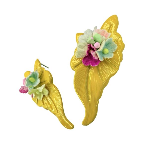 Yellow Flower Bouquet Statement Earrings 2.5" Floral Spray Spring Summer - Picture 2 of 8